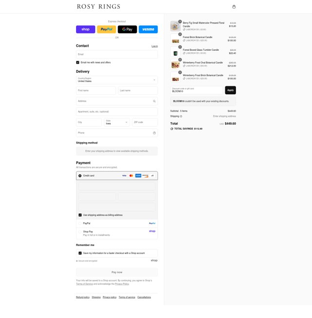 Rosy Rings checkout page showing Rosy Rings promo code box | Screenshot taken by SimplyCodes community member on Sep 2, 2025