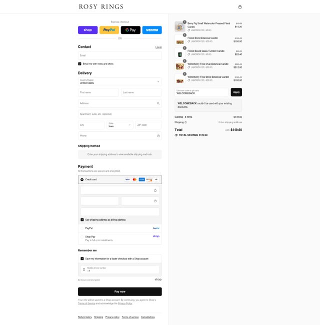 Rosy Rings checkout page showing Rosy Rings promo code box | Screenshot taken by SimplyCodes community member on Aug 29, 2025