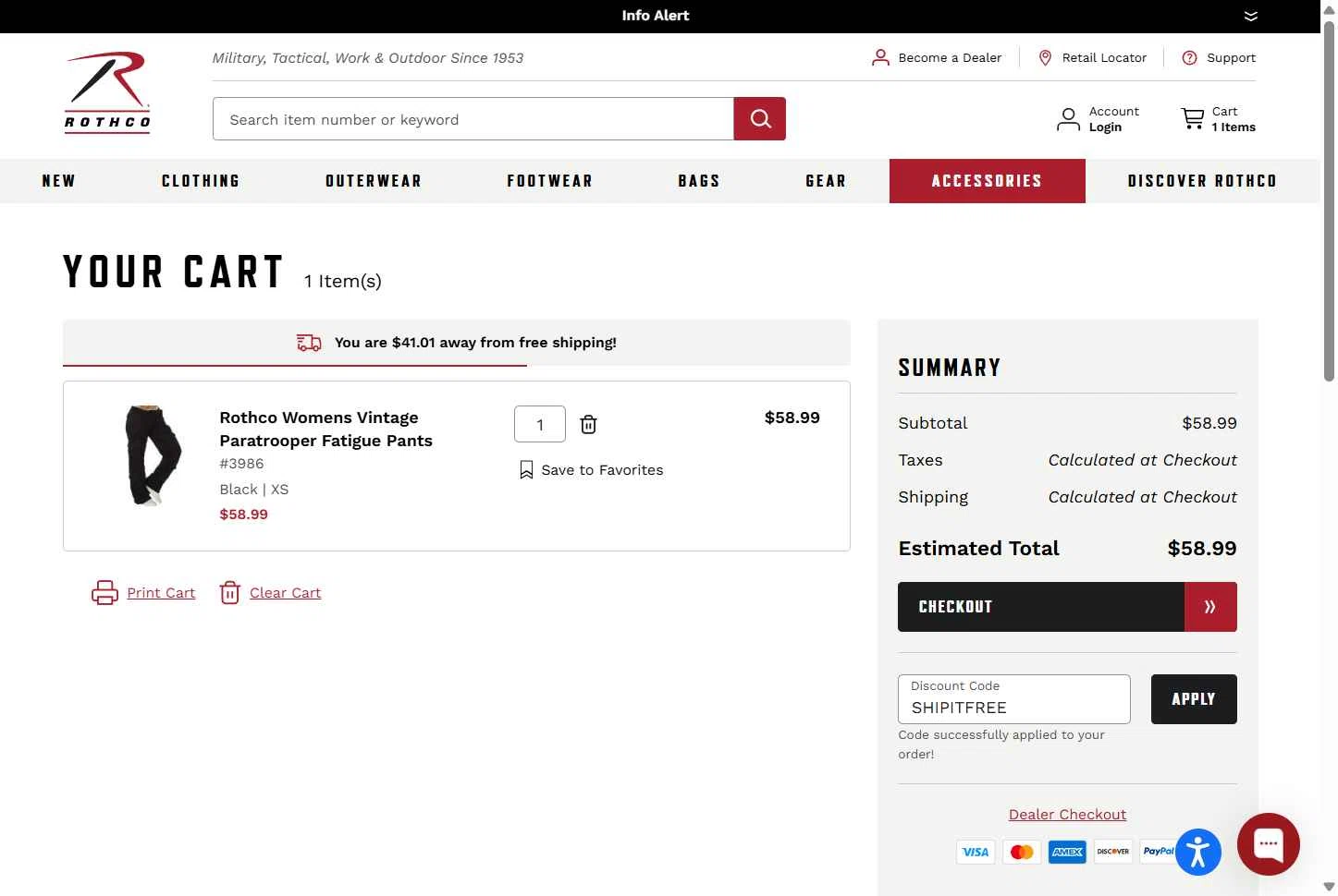ROTHCO checkout page showing ROTHCO promo code box | Screenshot taken by SimplyCodes community member on Jan 26, 2026