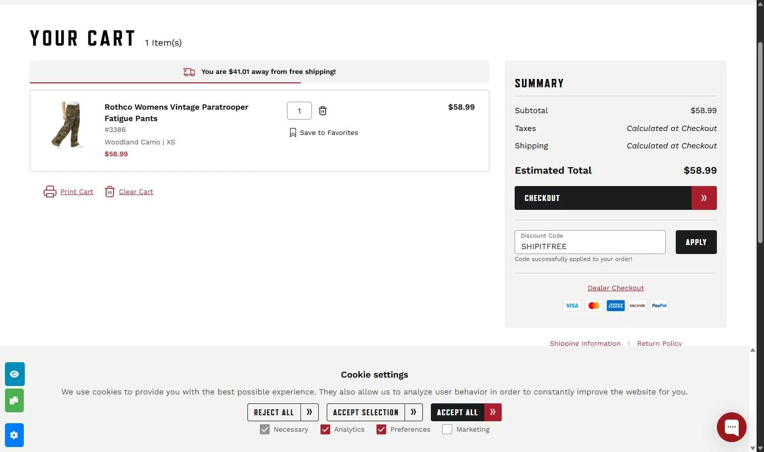 ROTHCO checkout page showing ROTHCO promo code box | Screenshot taken by SimplyCodes community member on Dec 28, 2025