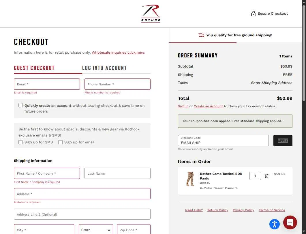 ROTHCO checkout page showing ROTHCO promo code box | Screenshot taken by SimplyCodes community member on Dec 13, 2025