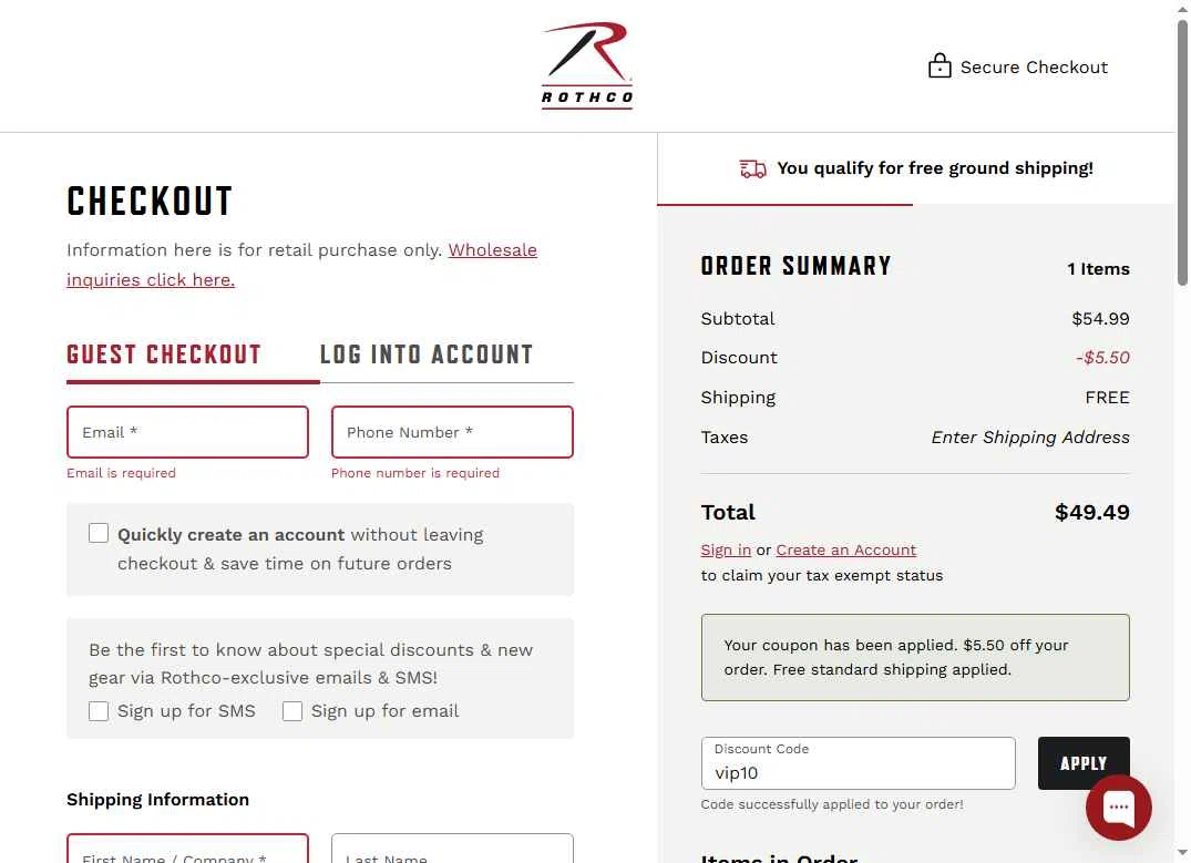 ROTHCO checkout page showing ROTHCO promo code box | Screenshot taken by SimplyCodes community member on Dec 11, 2025