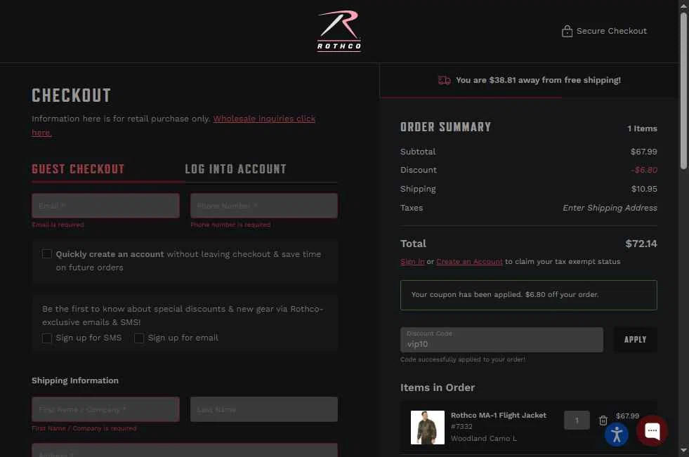 ROTHCO checkout page showing ROTHCO promo code box | Screenshot taken by SimplyCodes community member on Jan 14, 2026