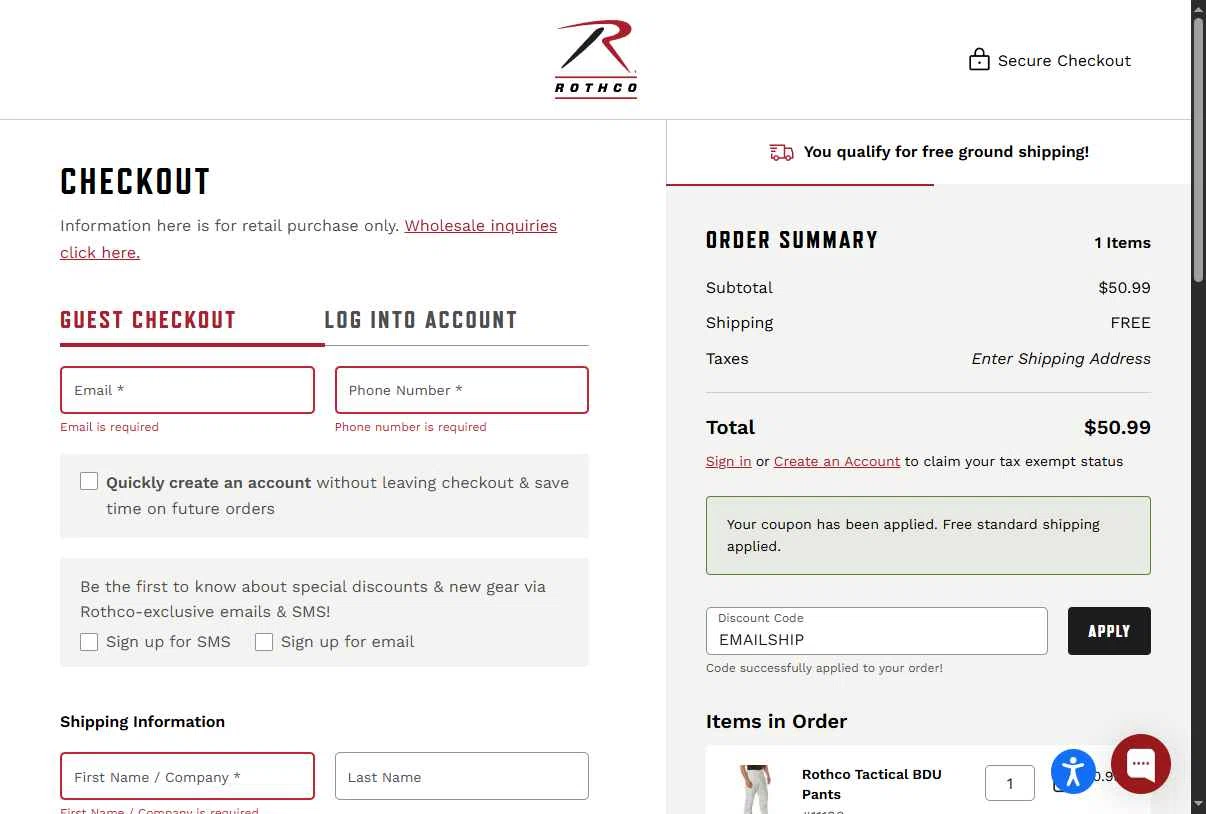 ROTHCO checkout page showing ROTHCO promo code box | Screenshot taken by SimplyCodes community member on Feb 17, 2026