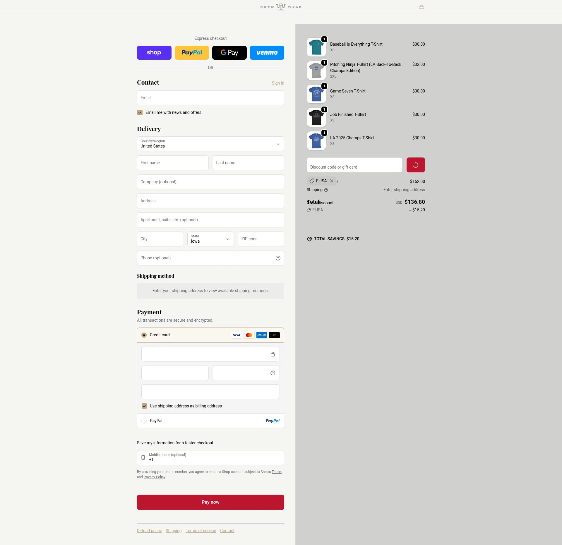 Roto Wear checkout page showing Roto Wear promo code box | Screenshot taken by SimplyCodes community member on Feb 15, 2026