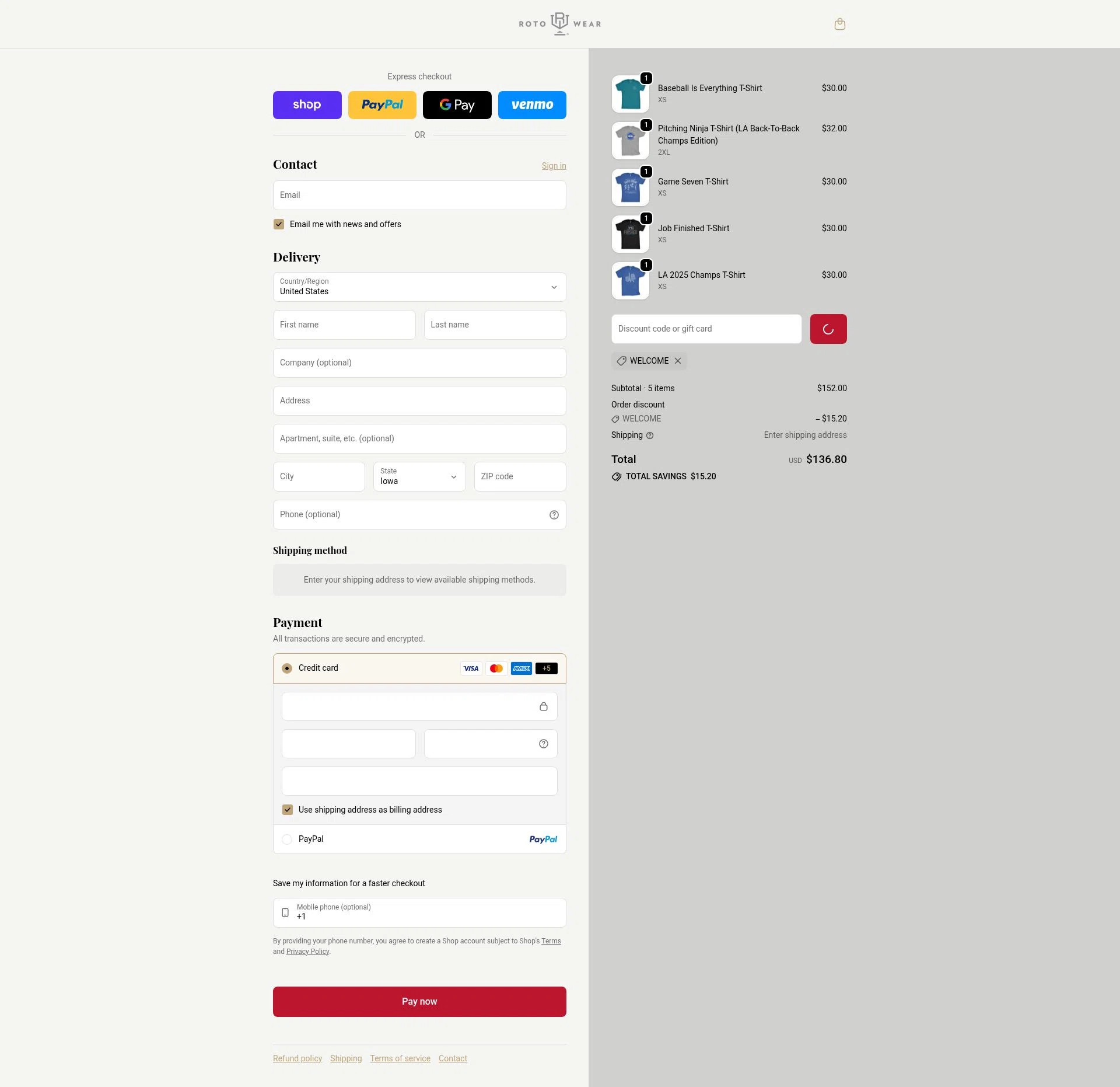 Roto Wear checkout page showing Roto Wear promo code box | Screenshot taken by SimplyCodes community member on Feb 15, 2026