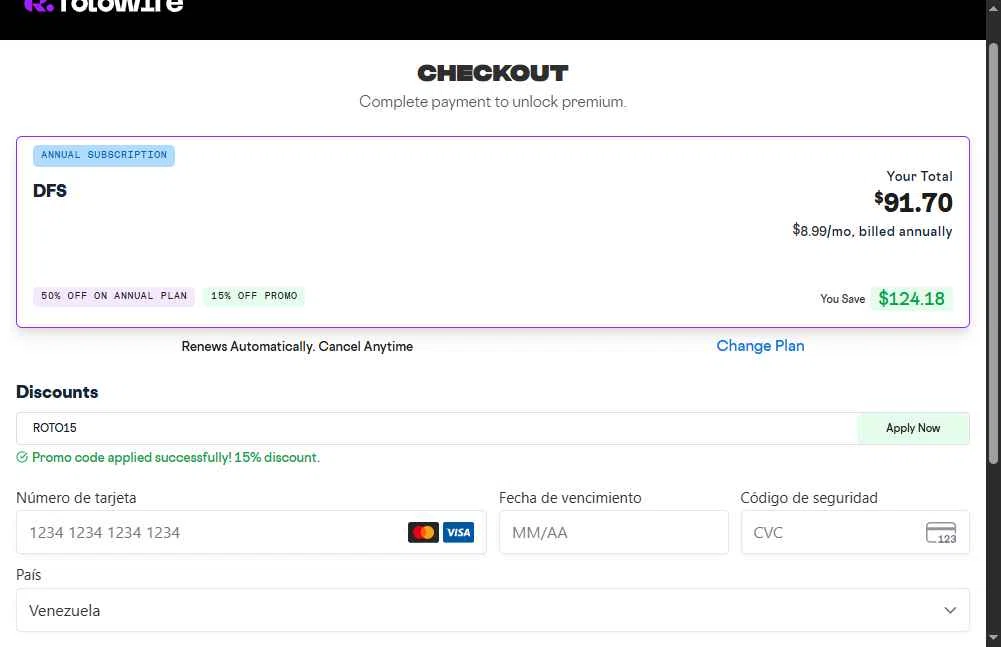 RotoWire checkout page showing RotoWire promo code box | Screenshot taken by SimplyCodes community member on Jan 17, 2026