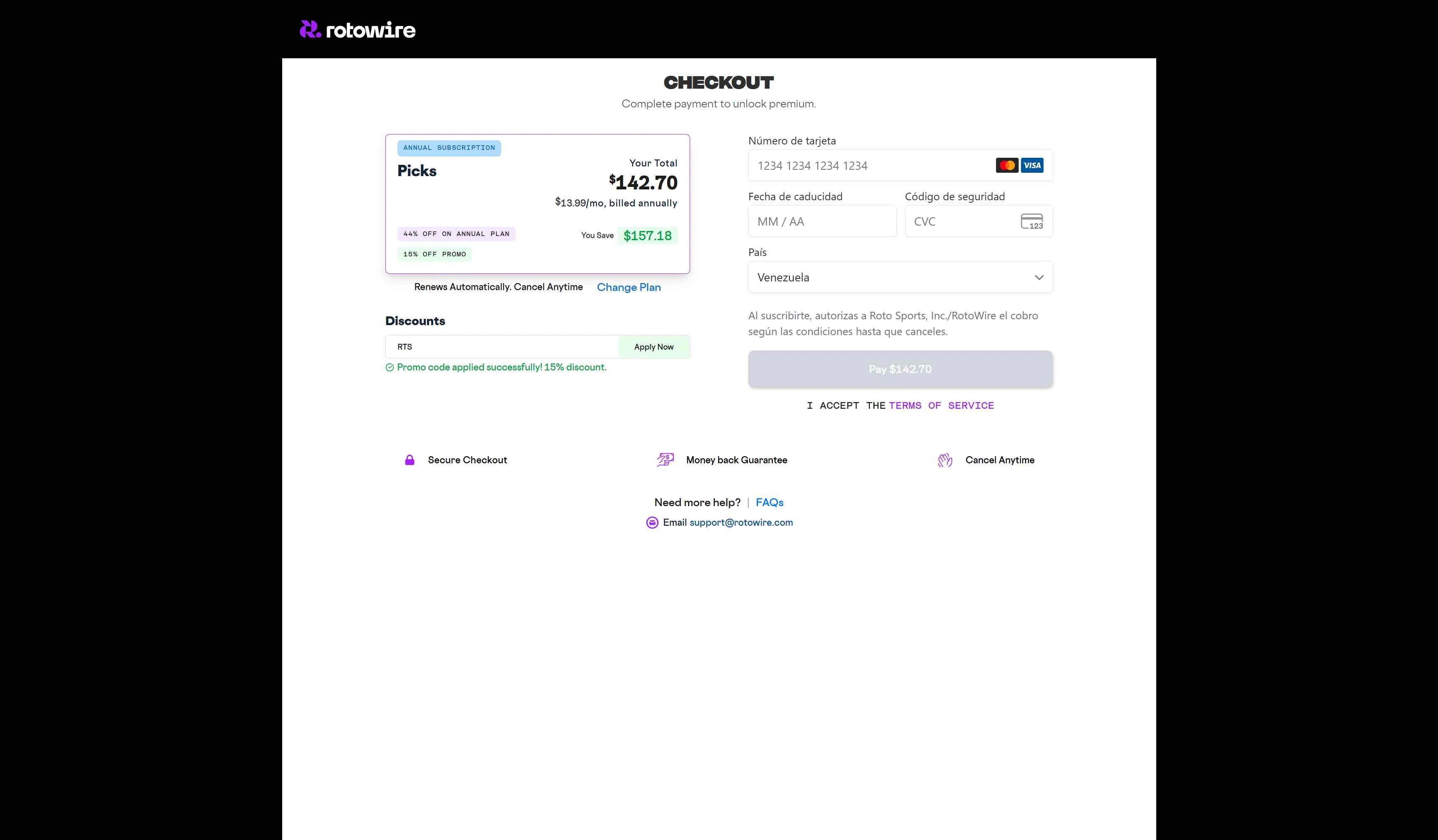 RotoWire checkout page showing RotoWire promo code box | Screenshot taken by SimplyCodes community member on Jan 27, 2026
