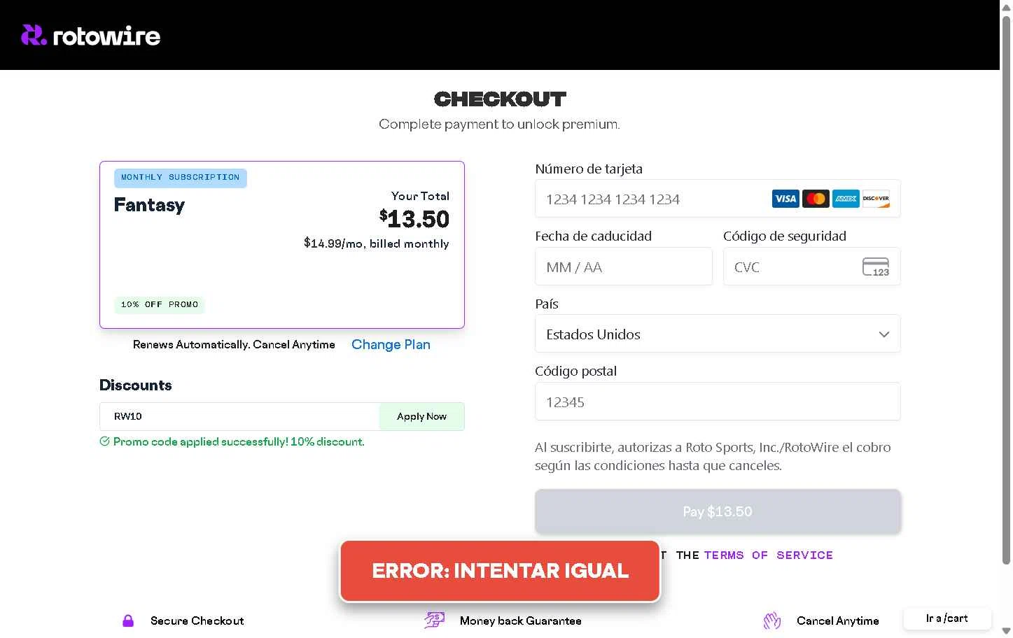 RotoWire checkout page showing RotoWire promo code box | Screenshot taken by SimplyCodes community member on Jan 12, 2026
