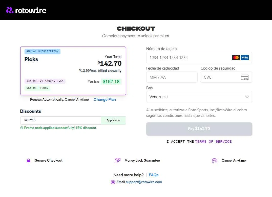 RotoWire checkout page showing RotoWire promo code box | Screenshot taken by SimplyCodes community member on Dec 19, 2025
