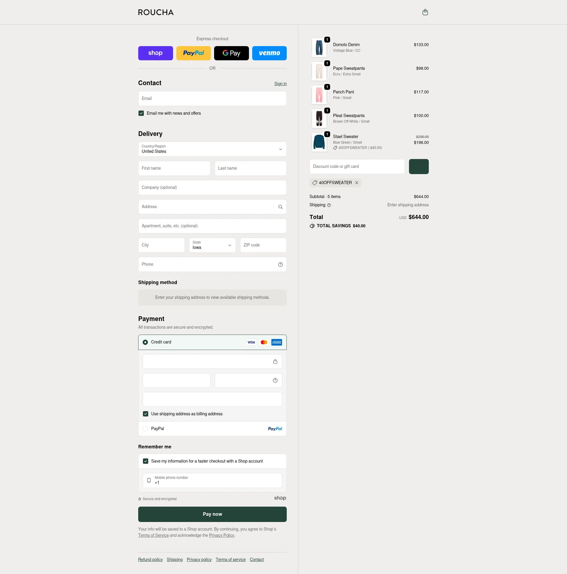 Roucha checkout page showing Roucha promo code box | Screenshot taken by SimplyCodes community member on Dec 9, 2025
