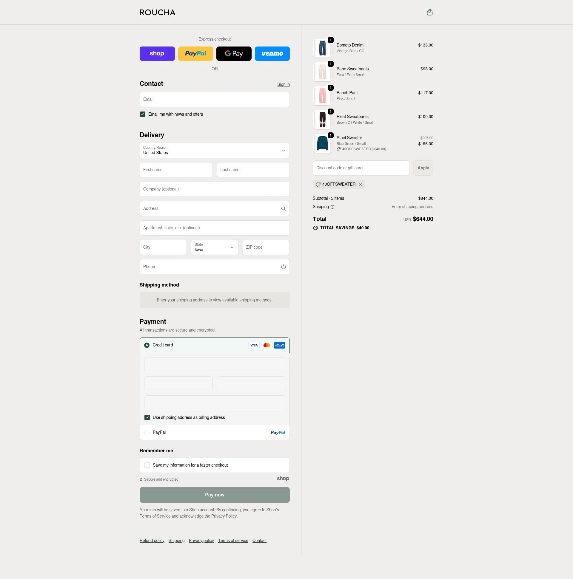 Roucha checkout page showing Roucha promo code box | Screenshot taken by SimplyCodes community member on Dec 15, 2025
