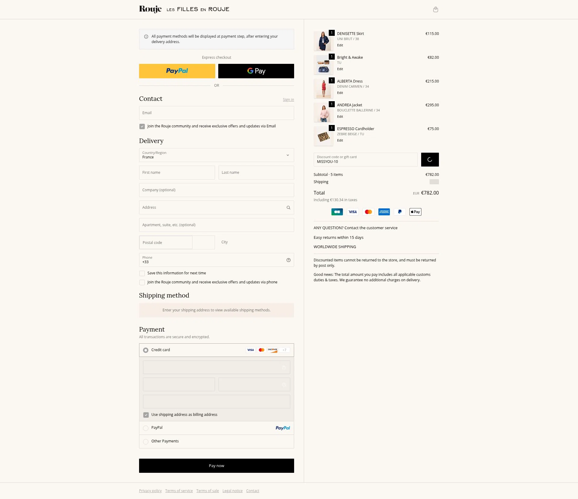 Rouje checkout page showing Rouje discount code box | Screenshot taken by SimplyCodes community member on Feb 17, 2026