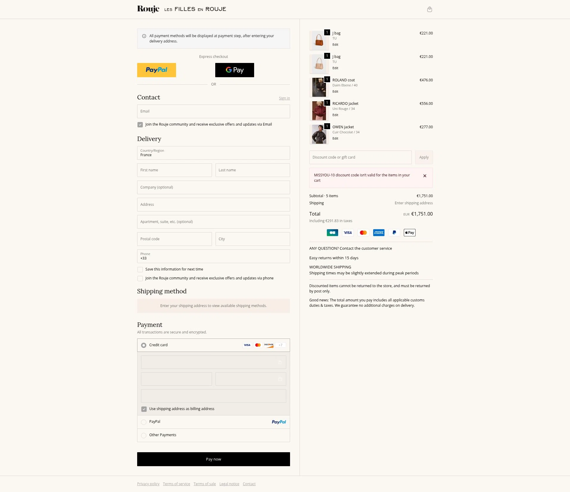 Rouje checkout page showing Rouje discount code box | Screenshot taken by SimplyCodes community member on Feb 4, 2026