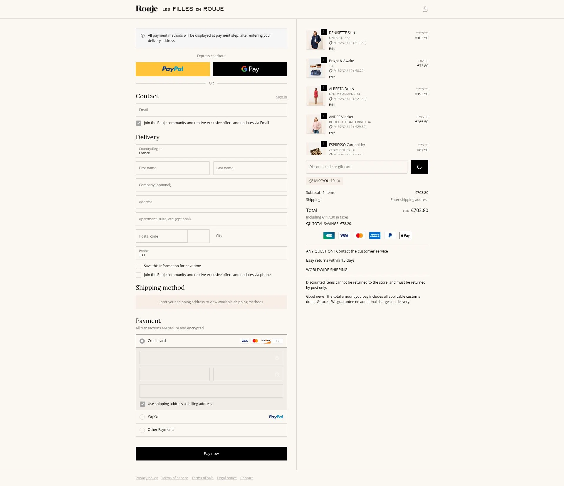 Rouje checkout page showing Rouje discount code box | Screenshot taken by SimplyCodes community member on Feb 8, 2026