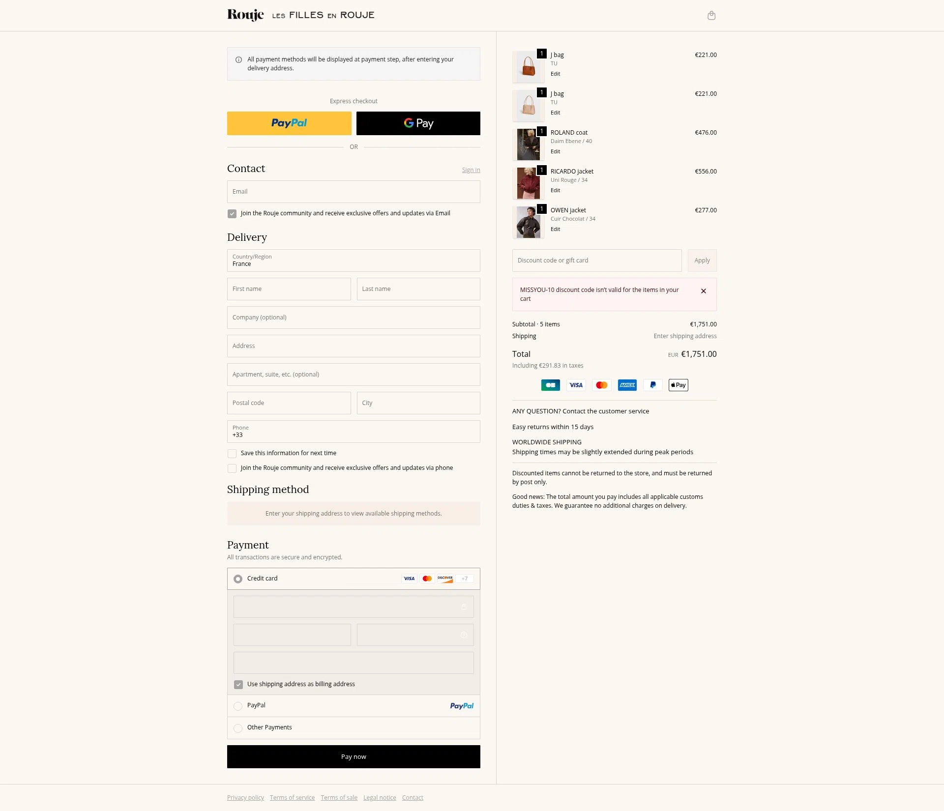 Rouje checkout page showing Rouje discount code box | Screenshot taken by SimplyCodes community member on Jan 21, 2026