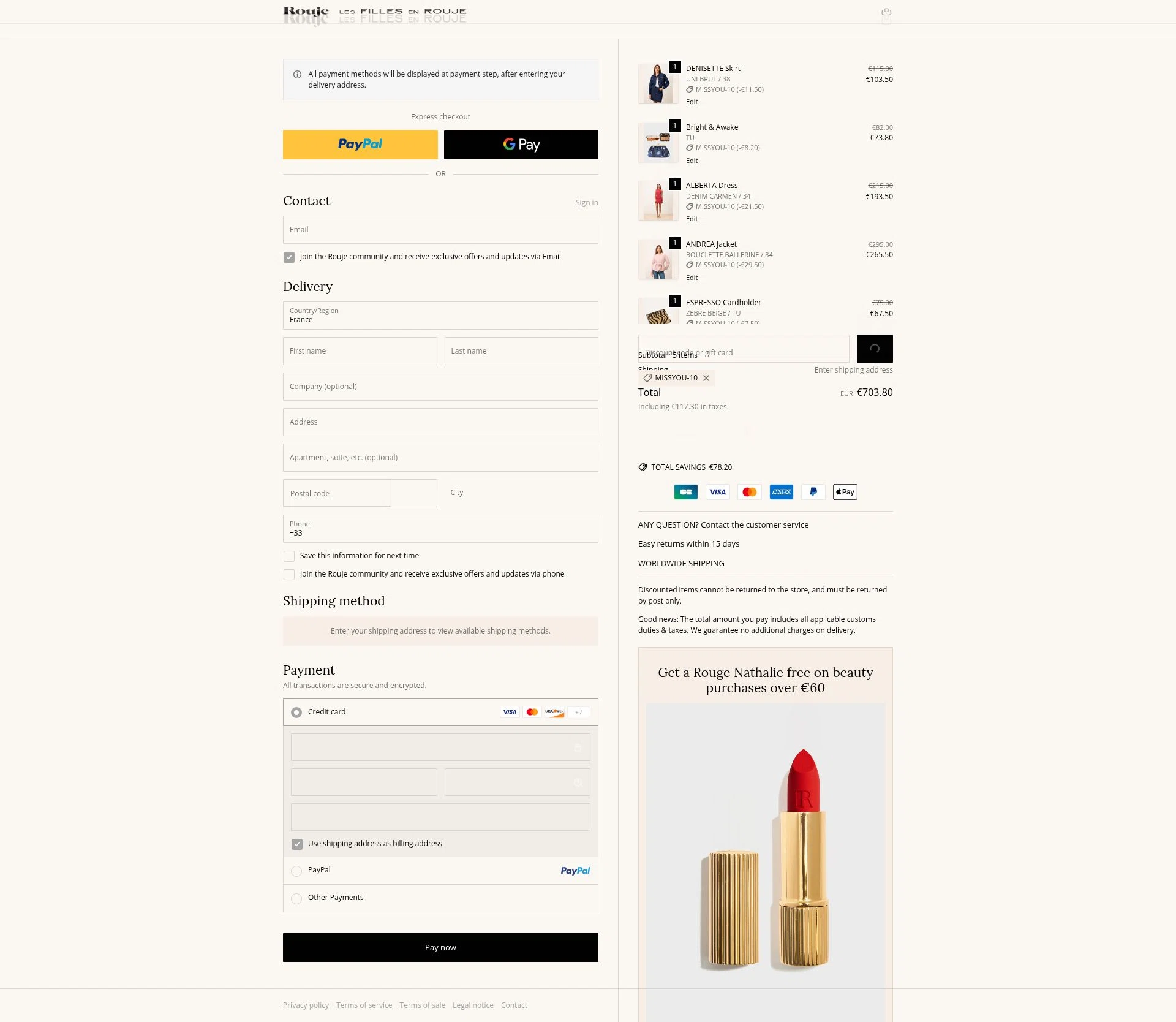 Rouje checkout page showing Rouje discount code box | Screenshot taken by SimplyCodes community member on Feb 12, 2026