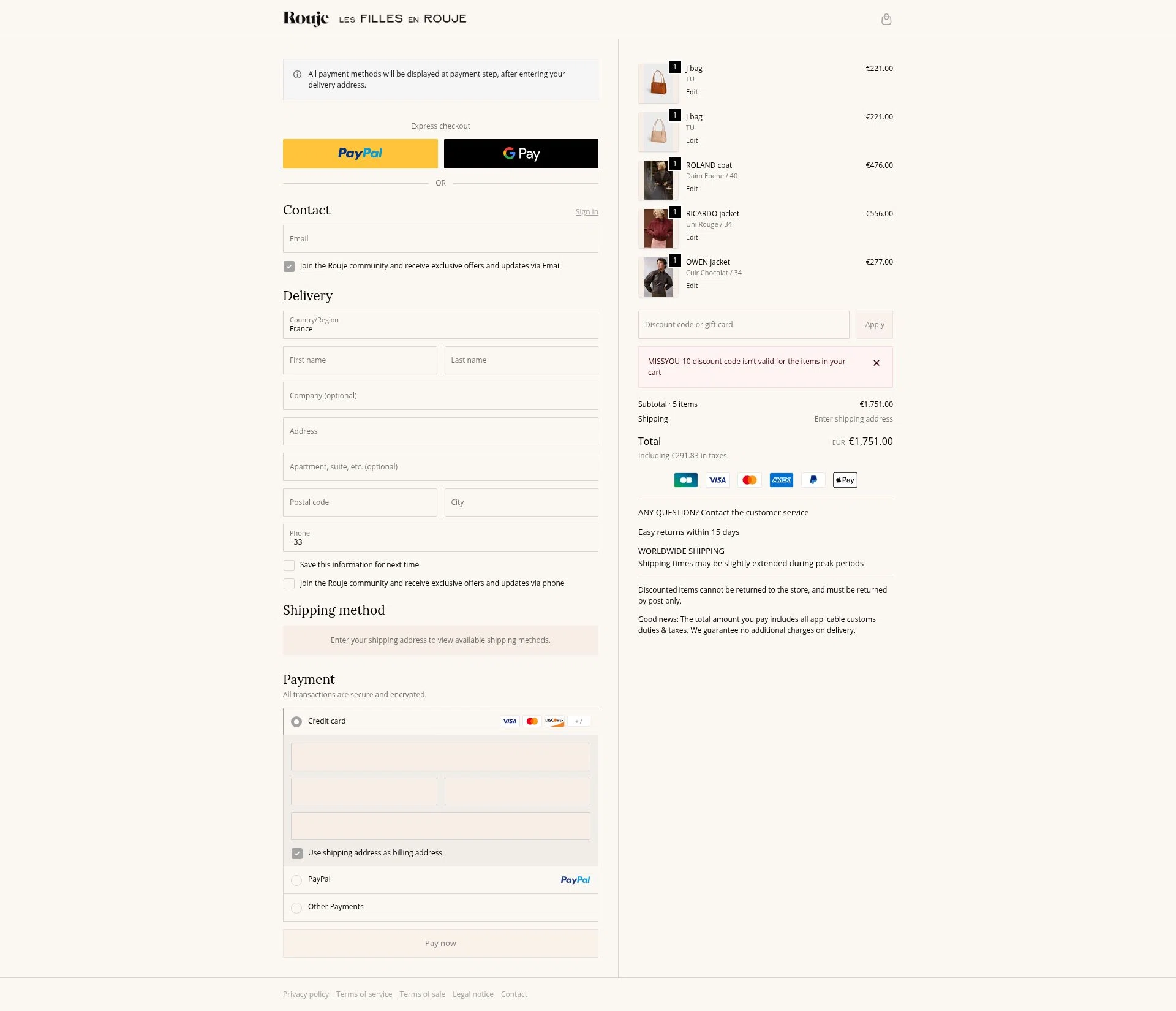 Rouje checkout page showing Rouje discount code box | Screenshot taken by SimplyCodes community member on Jan 11, 2026