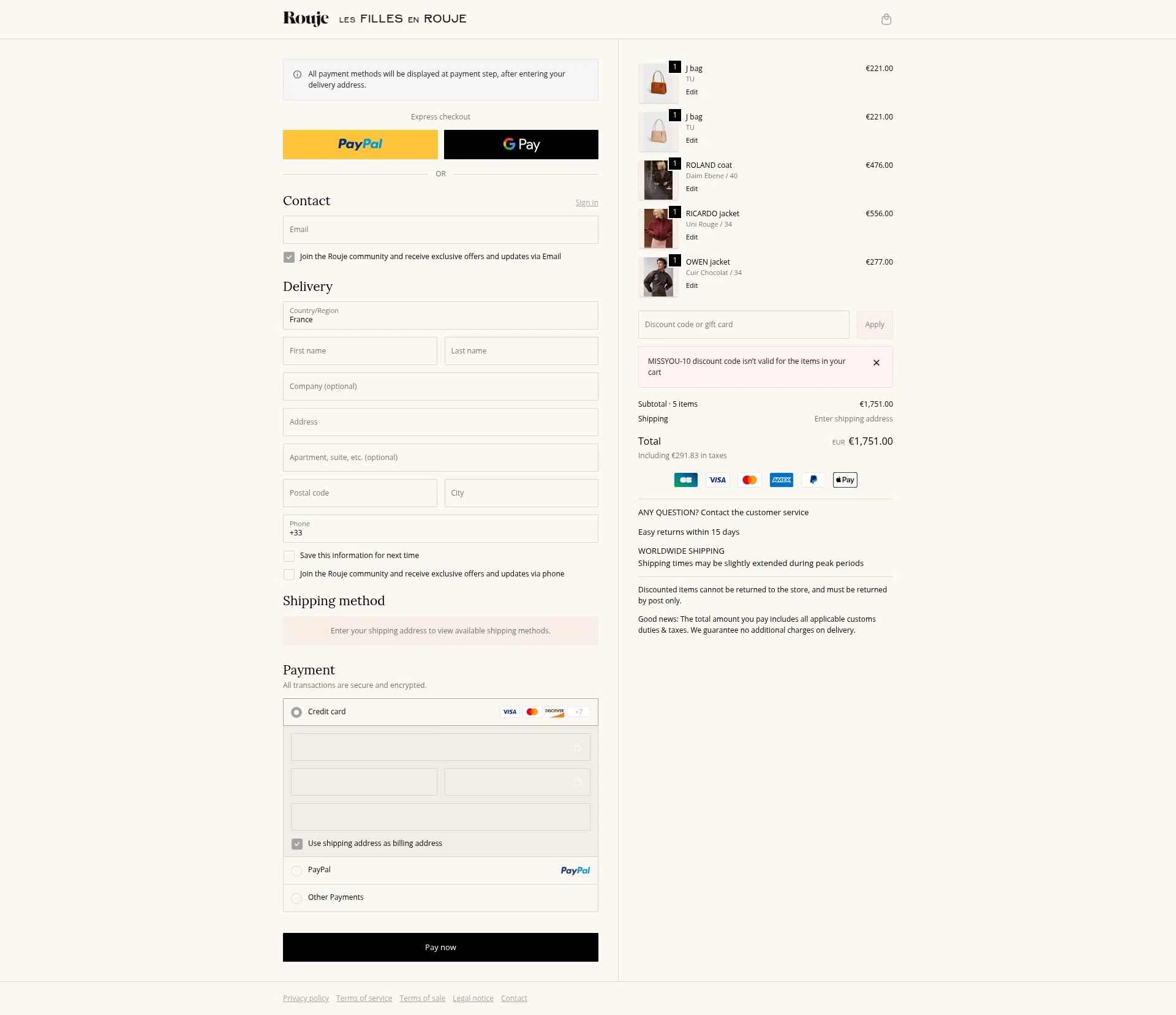 Rouje checkout page showing Rouje discount code box | Screenshot taken by SimplyCodes community member on Jan 30, 2026