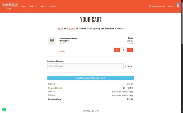 Roundhouse Provisions checkout page showing Roundhouse Provisions coupon code box | Screenshot taken by SimplyCodes community member on Aug 3, 2025