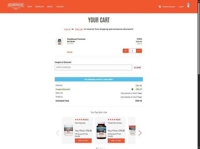 Roundhouse Provisions checkout page showing Roundhouse Provisions coupon code box | Screenshot taken by SimplyCodes community member on Aug 26, 2025