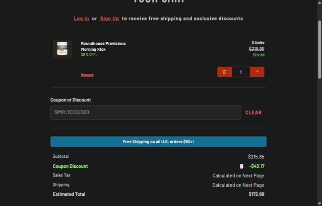 Roundhouse Provisions checkout page showing Roundhouse Provisions coupon code box | Screenshot taken by SimplyCodes community member on Sep 4, 2025
