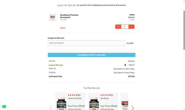 Roundhouse Provisions checkout page showing Roundhouse Provisions coupon code box | Screenshot taken by SimplyCodes community member on Aug 19, 2025