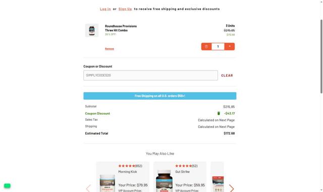 Roundhouse Provisions checkout page showing Roundhouse Provisions coupon code box | Screenshot taken by SimplyCodes community member on Sep 1, 2025
