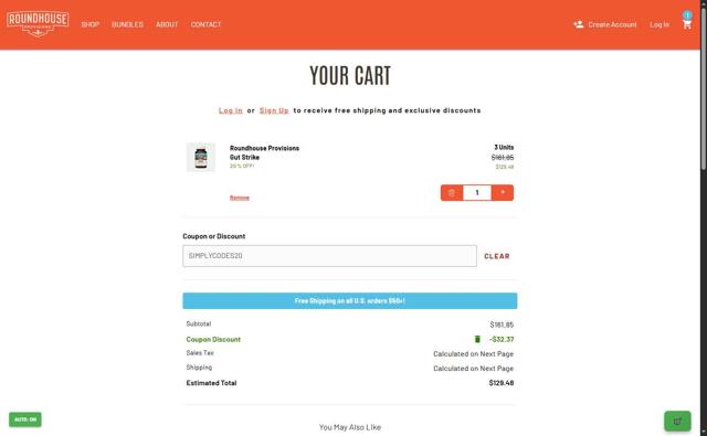 Roundhouse Provisions checkout page showing Roundhouse Provisions coupon code box | Screenshot taken by SimplyCodes community member on Sep 11, 2025