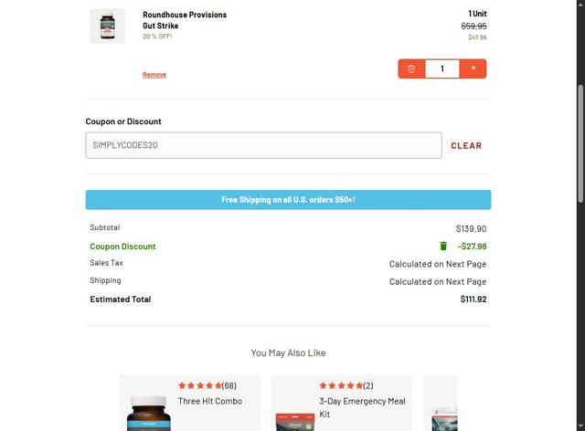Roundhouse Provisions checkout page showing Roundhouse Provisions coupon code box | Screenshot taken by SimplyCodes community member on Sep 11, 2025