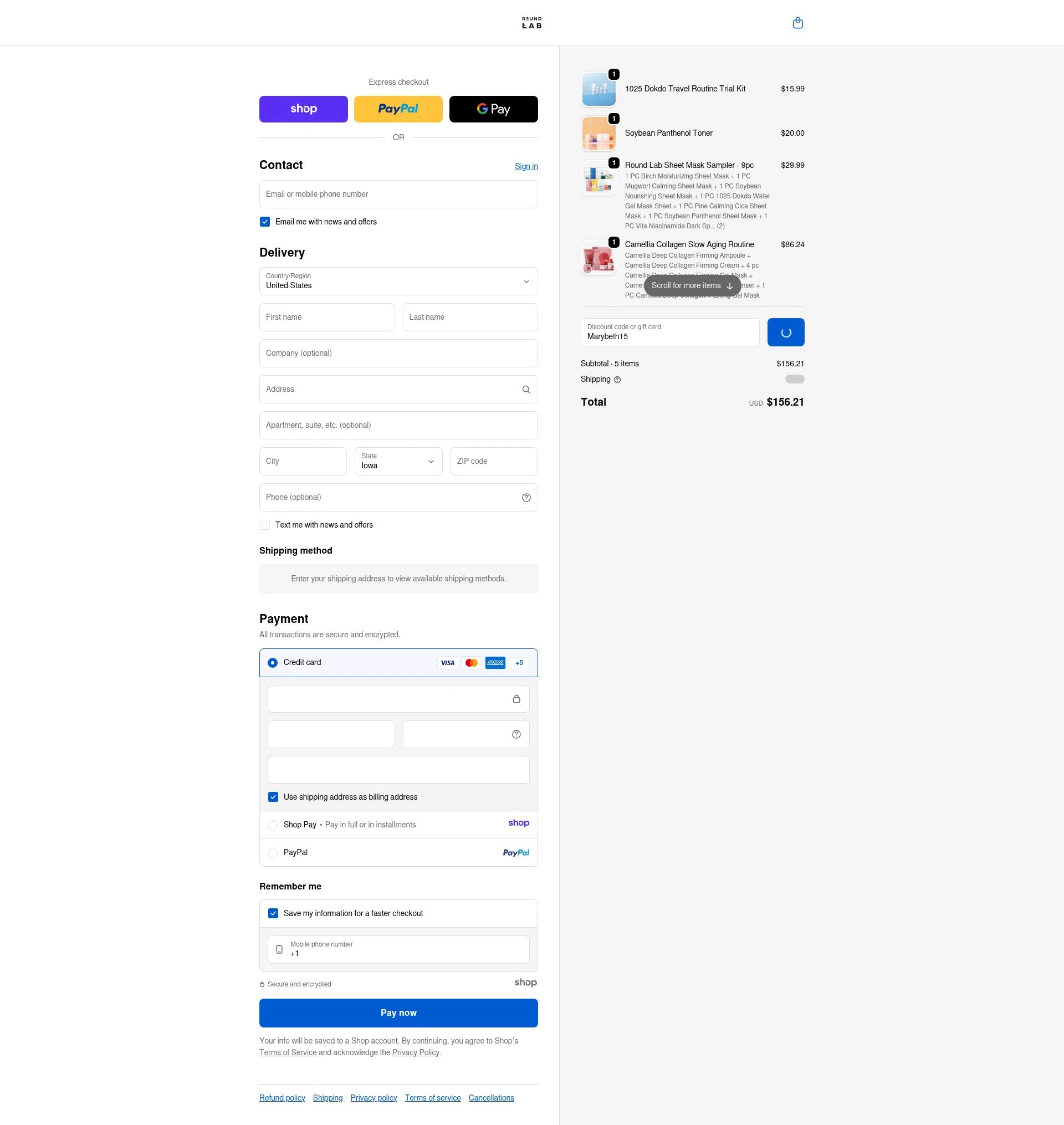 Round Lab checkout page showing Round Lab discount code box | Screenshot taken by SimplyCodes community member on Dec 27, 2025