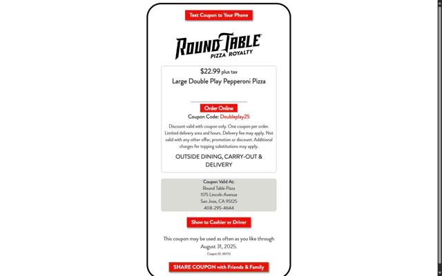 Round Table Pizza checkout page showing Round Table Pizza coupon code box | Screenshot taken by SimplyCodes community member on Aug 8, 2025