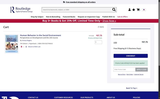 Routledge checkout page showing Routledge promo code box | Screenshot taken by SimplyCodes community member on Jun 8, 2025