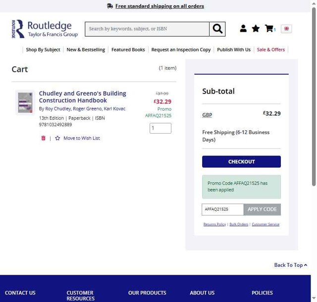 Routledge checkout page showing Routledge promo code box | Screenshot taken by SimplyCodes community member on May 10, 2025