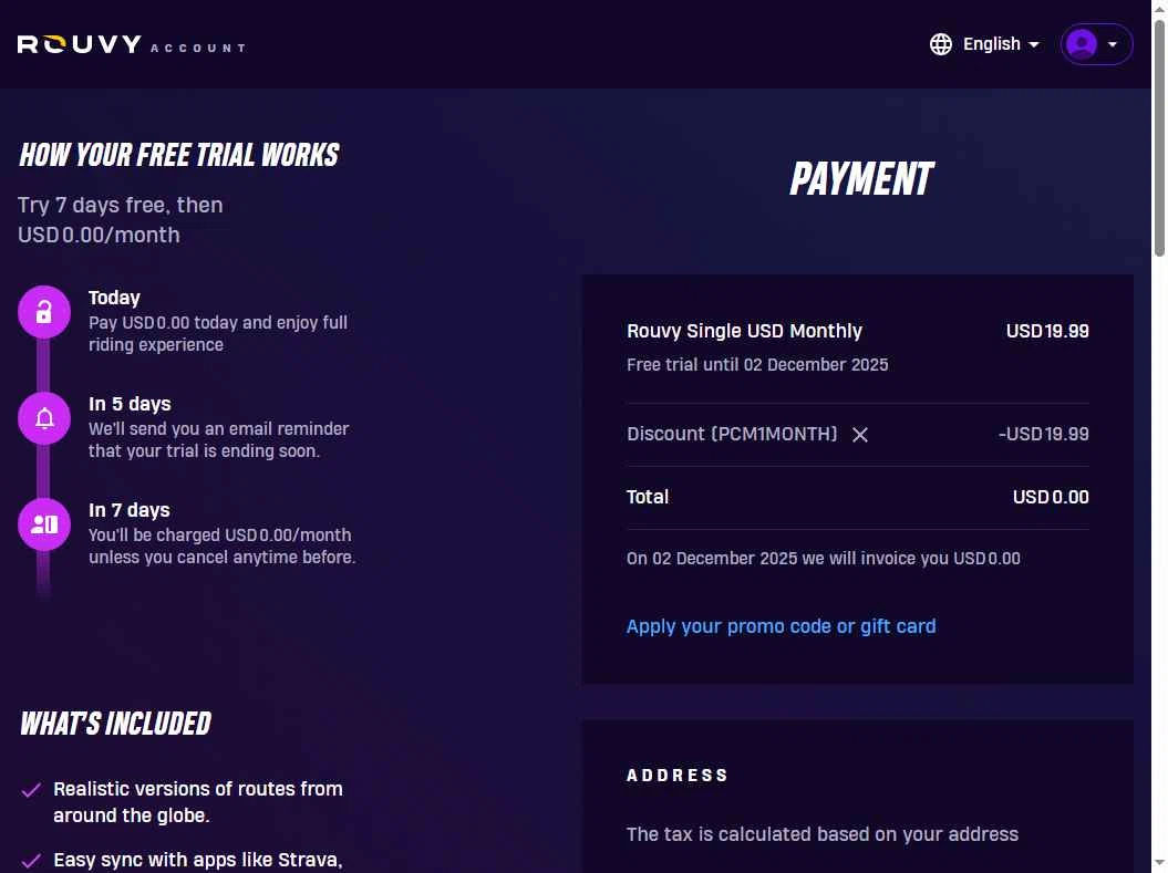 ROUVY checkout page showing ROUVY promo code box | Screenshot taken by SimplyCodes community member on Nov 25, 2025