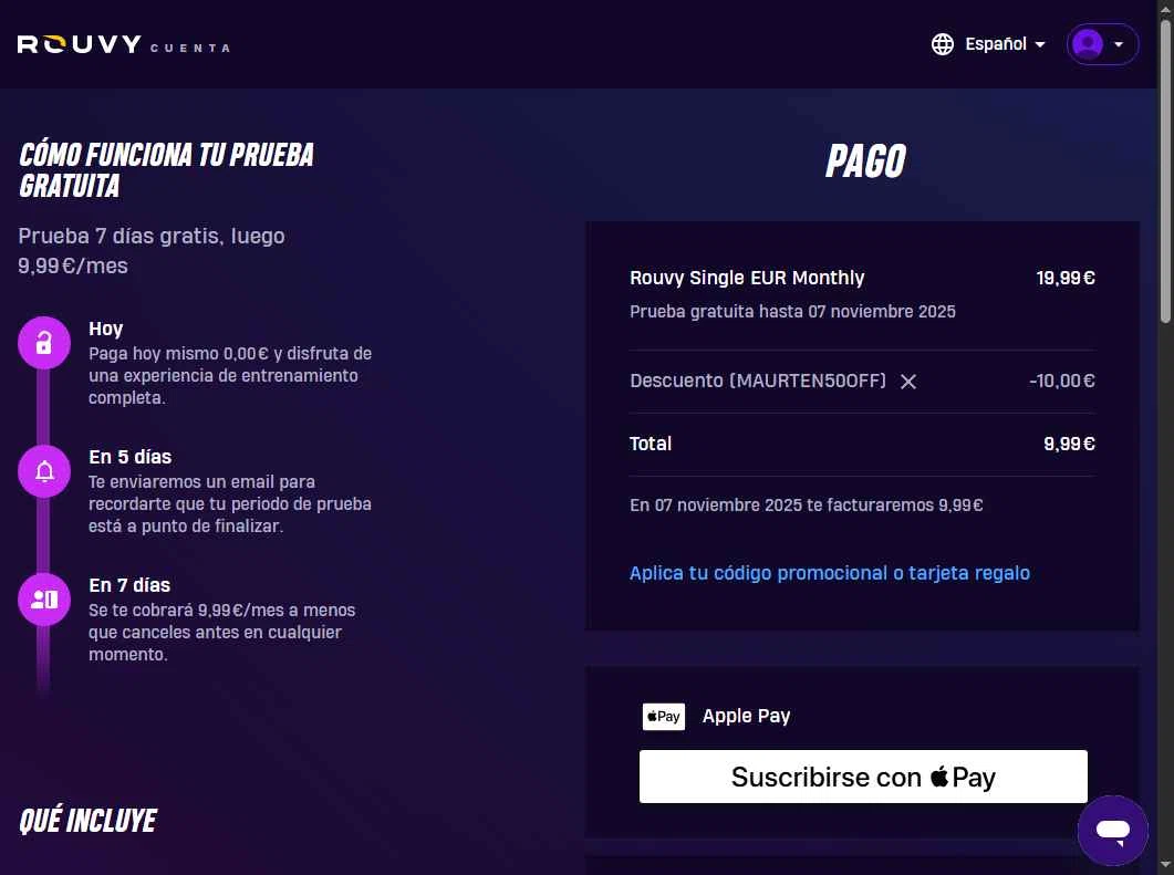 ROUVY checkout page showing ROUVY promo code box | Screenshot taken by SimplyCodes community member on Oct 31, 2025