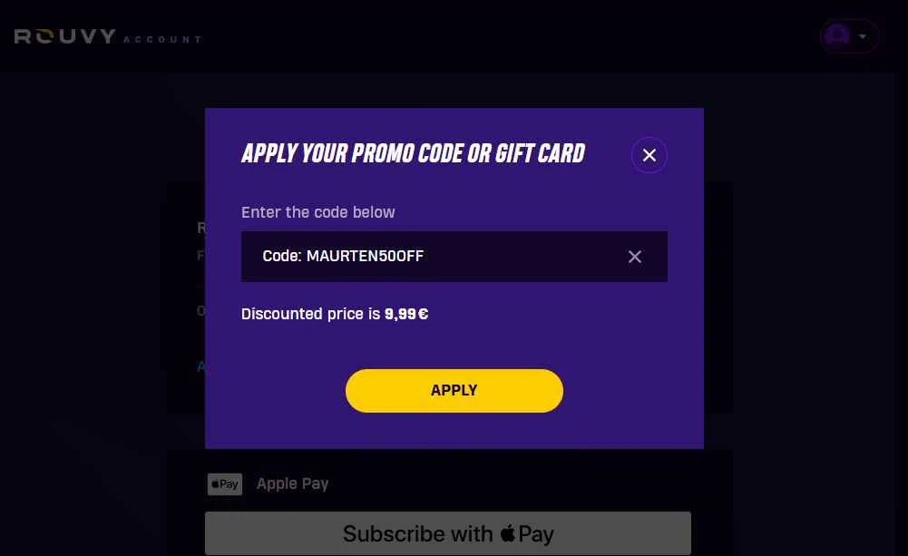 ROUVY checkout page showing ROUVY promo code box | Screenshot taken by SimplyCodes community member on Oct 31, 2025