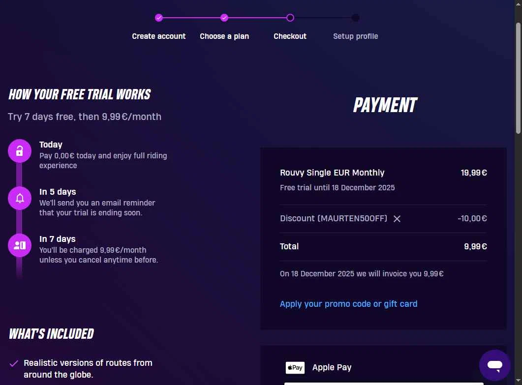 ROUVY checkout page showing ROUVY promo code box | Screenshot taken by SimplyCodes community member on Dec 11, 2025