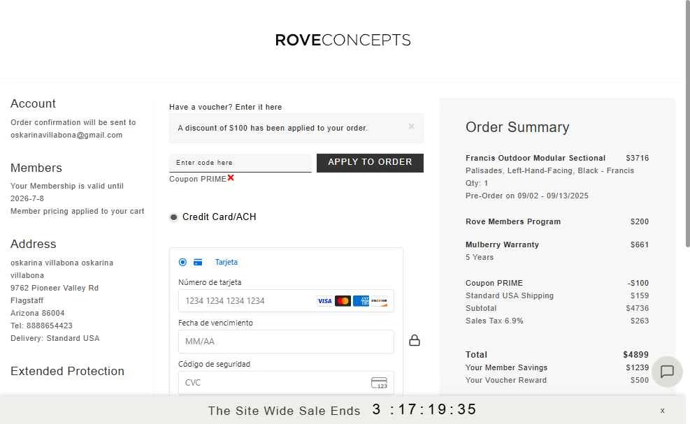 Rove Concepts checkout page showing Rove Concepts coupon code box | Screenshot taken by SimplyCodes community member on Jul 8, 2025