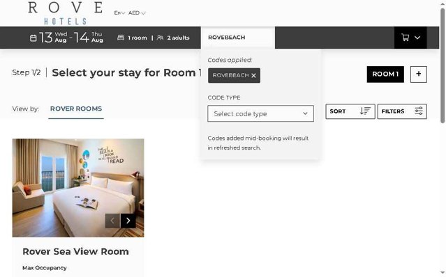 Rove Hotels checkout page showing Rove Hotels promo code box | Screenshot taken by SimplyCodes community member on Aug 12, 2025