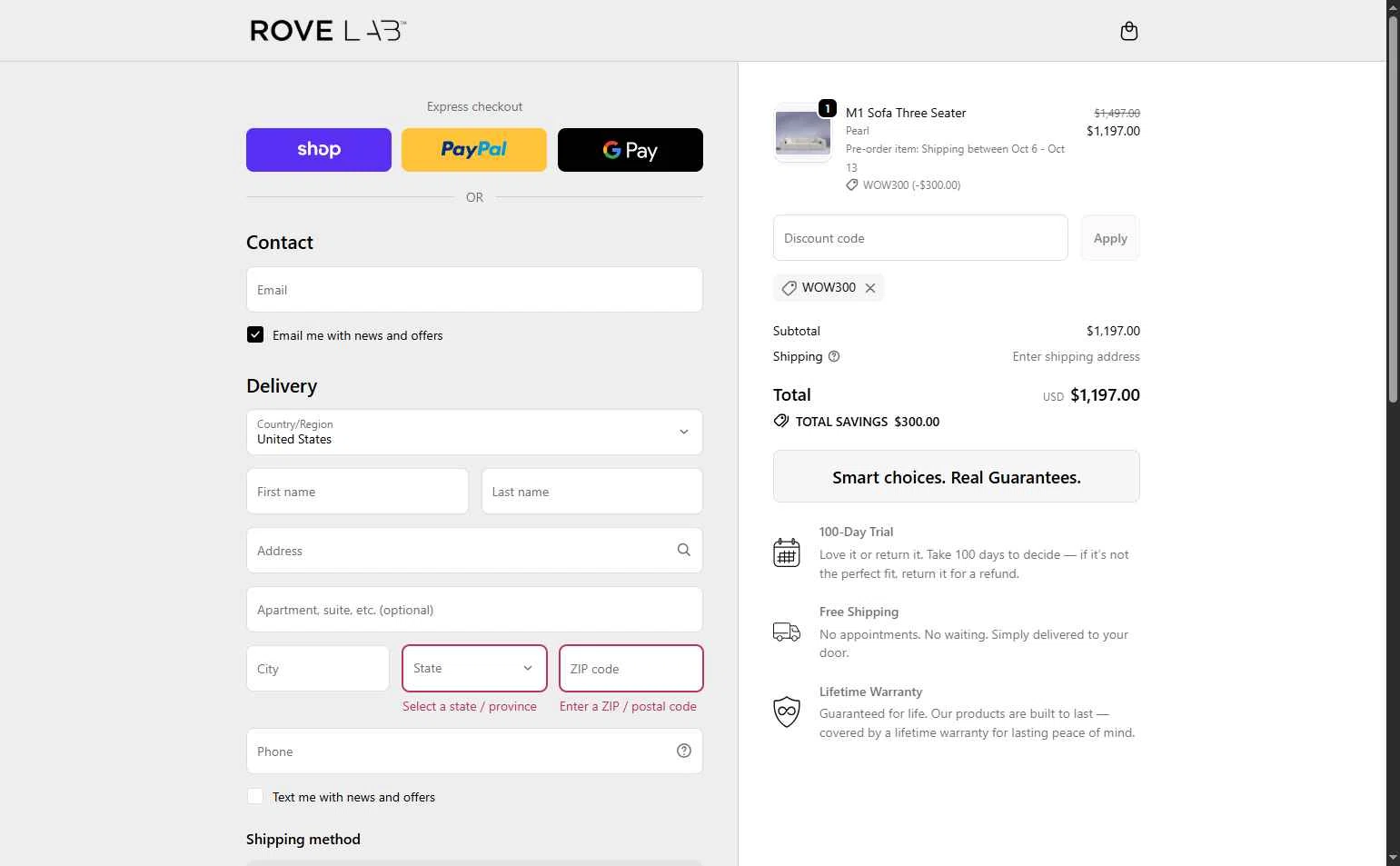 Rove Lab checkout page showing Rove Lab discount code box | Screenshot taken by SimplyCodes community member on Oct 7, 2025
