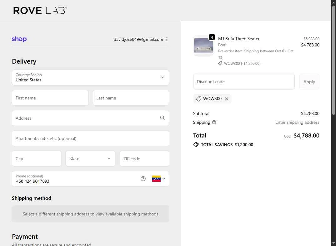 Rove Lab checkout page showing Rove Lab discount code box | Screenshot taken by SimplyCodes community member on Oct 7, 2025