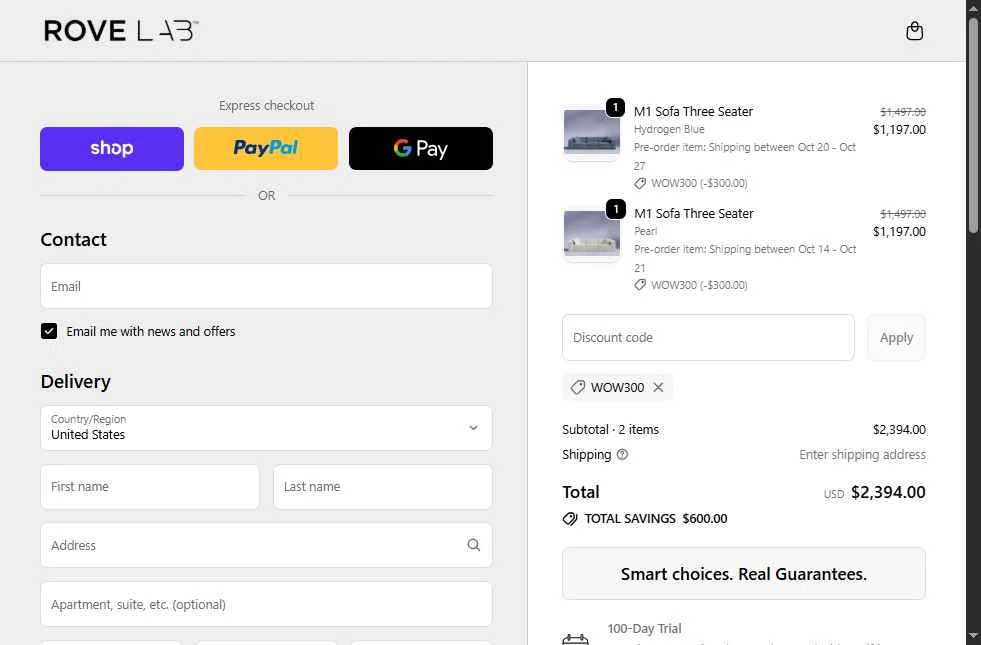 Rove Lab checkout page showing Rove Lab discount code box | Screenshot taken by SimplyCodes community member on Oct 9, 2025