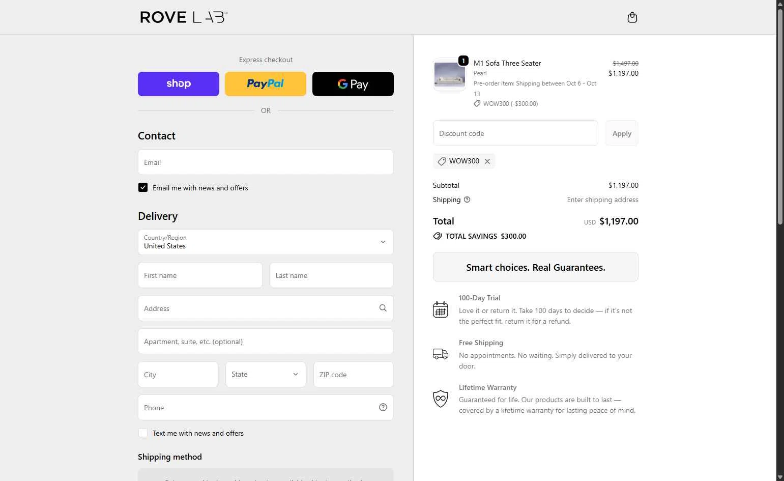 Rove Lab checkout page showing Rove Lab discount code box | Screenshot taken by SimplyCodes community member on Oct 7, 2025