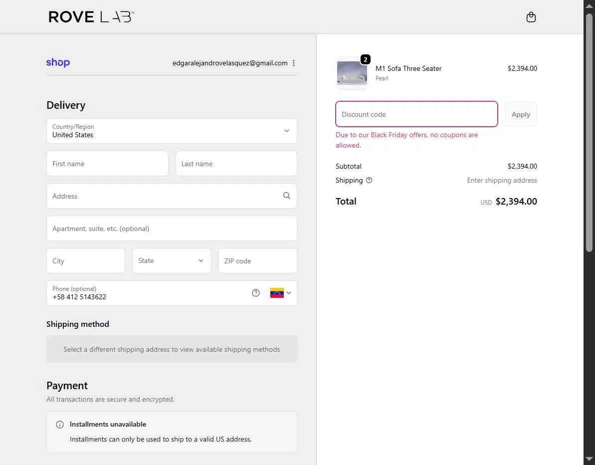 Rove Lab checkout page showing Rove Lab discount code box | Screenshot taken by SimplyCodes community member on Nov 3, 2025