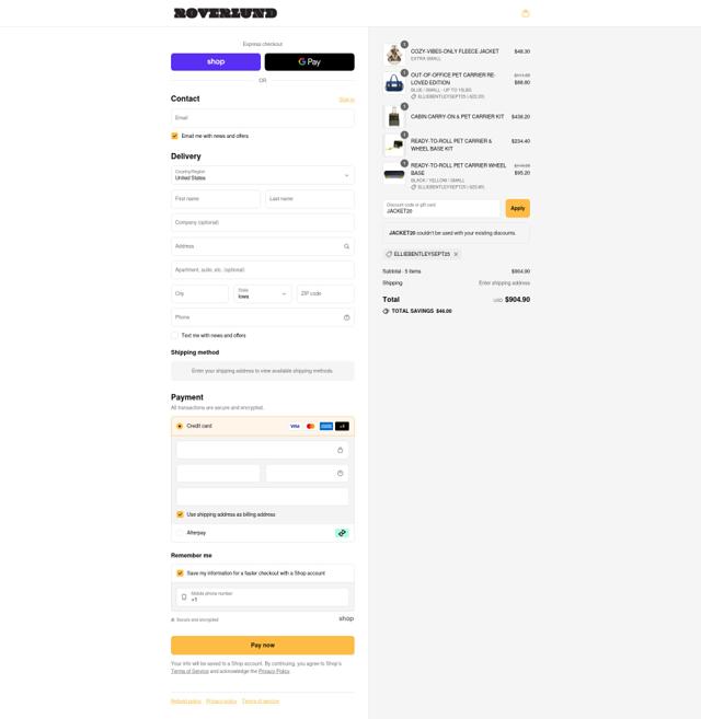Roverlund checkout page showing Roverlund discount code box | Screenshot taken by SimplyCodes community member on Sep 10, 2025