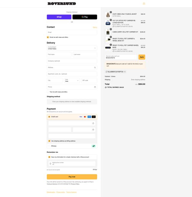 Roverlund checkout page showing Roverlund discount code box | Screenshot taken by SimplyCodes community member on Sep 10, 2025