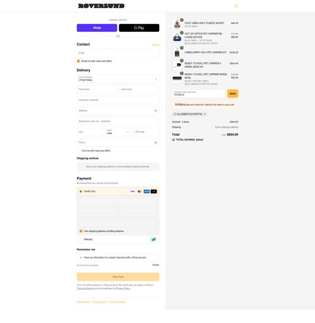 Roverlund checkout page showing Roverlund discount code box | Screenshot taken by SimplyCodes community member on Sep 10, 2025