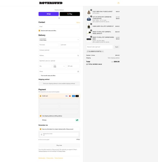 Roverlund checkout page showing Roverlund discount code box | Screenshot taken by SimplyCodes community member on Sep 10, 2025