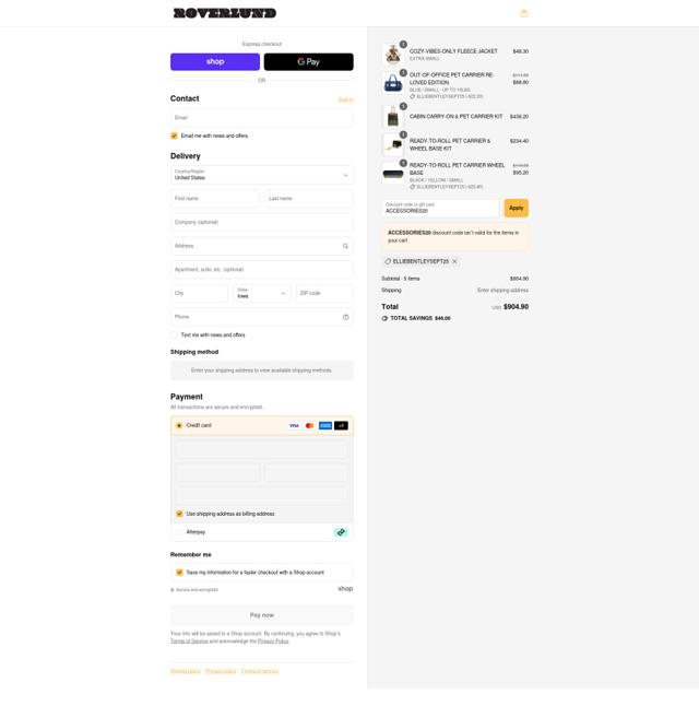 Roverlund checkout page showing Roverlund discount code box | Screenshot taken by SimplyCodes community member on Sep 10, 2025